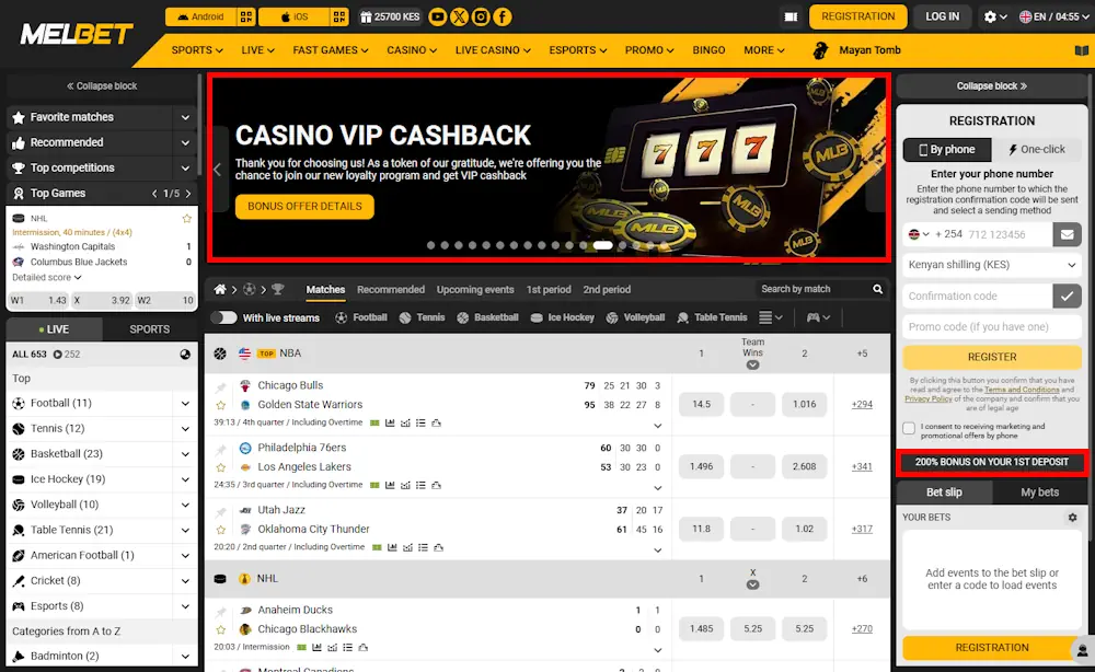 Melbet Homepage and VIP Cashback Bonus `First Deposit Bonus Screenshot
